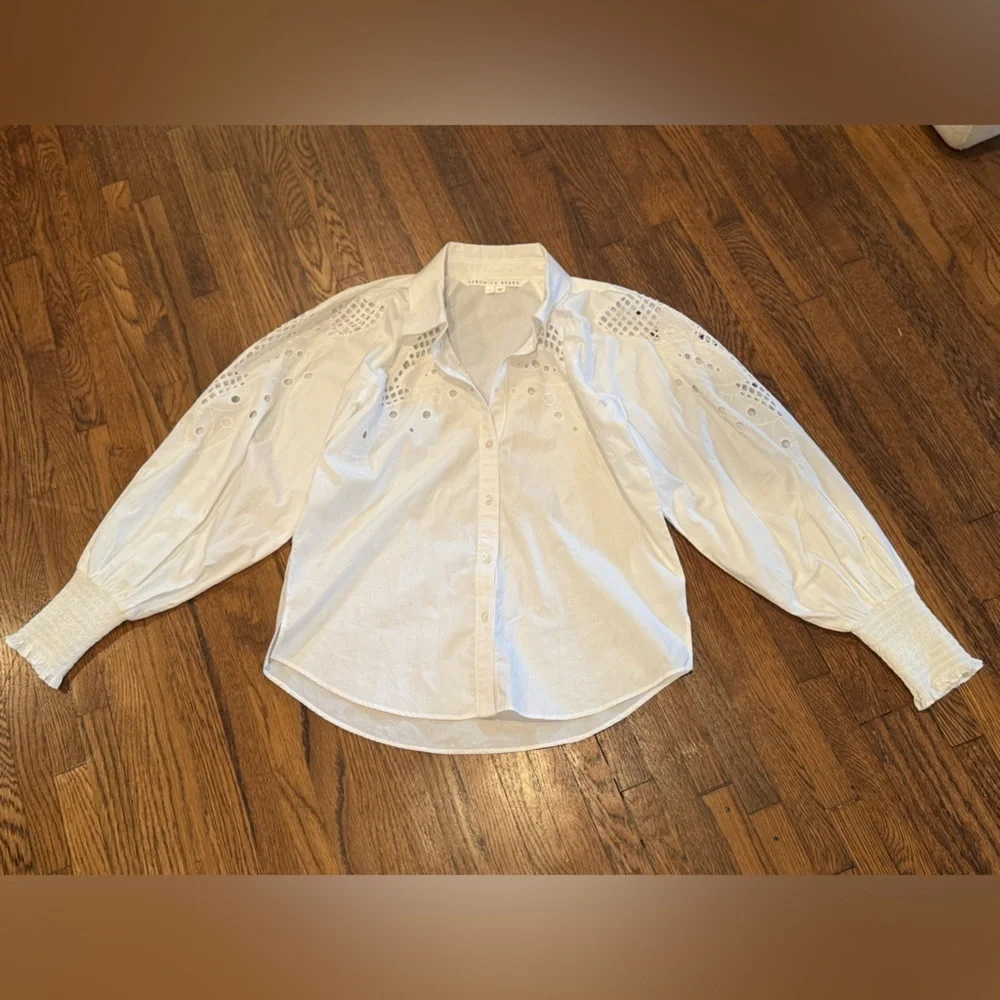 Veronica Beard Lilah Lace Cut Out Geometric Abstract White Eyelet Blouse Size 4 - Picture 7 of 11